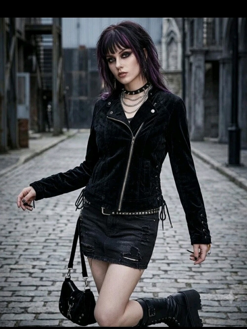BNCI Velvet Moto Jacket M Black Lace Up Sides And Cuffs Gothic Whimsigoth 2200